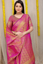 Unveiled Elegance Golden Worked Pink Heavy Banarasi Saree